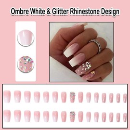 ANDGING Ombre White Press on Nails Coffin French Tip Pink Short Medium Fake Nails Glue on Nails with Glitter Rhinestone Design Acrylic False Nails with Glue Gel Women Stick on Nail for Wedding LLA8