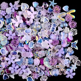 UUYYEO 200 Pcs 3D Assorted Nail Charms Flower Nail Design Charms Nail Art Bows Hearts Flatback Resin Charms Large Nail Gem Stones for Women Girls Purple