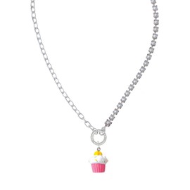 Delight Jewelry Resin Pink Cupcake with White Frosting Stronger Braver Smarter Mixed Cable and Imitation Pearl Chain Choker Necklace, 14.75-17"