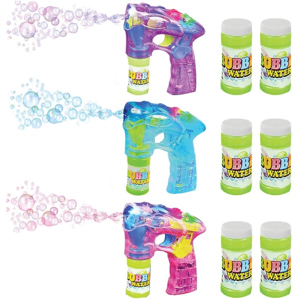 ArtCreativity Blue, Pink and Purple Bubble Blaster Set with LED Light Up and Sound, Includes 7 Inch Bubble Guns and 6 Bottles of Bubble Solution Refill, Party Favors - Batteries Included