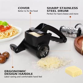 LHS Cheese Grater Hand Crank Set of 3, Rotary Cheese Grater Parmesan Cheese Shredder Handheld for Grating and Shredding Hard Cheese, Chocolate, （3 in 1,Black)
