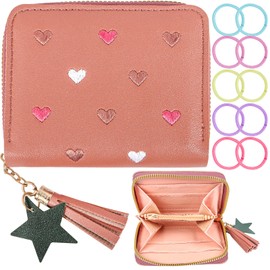Girls Purse, Girls Zipper Wallet Tassels for Girls, Small Kids Wallet with PU Leather Star Pendant for Girls, Coins Pocket Purse with Embroidery Hearts for Teens Girls Women（Pink）