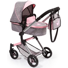 Bayer Design: Pram City Vario Stroller - Gray & Pink Butterfly - Accessory For Dolls Up To 20", Matching Shoulder Bag, Converts To Jogger, Kids 3+