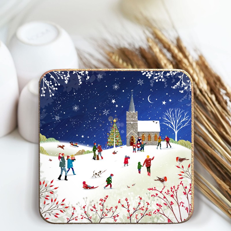 Christmas Coasters, Pack of 6 cork coasters - Snowy Church.