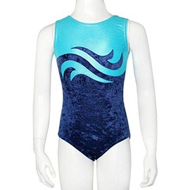 Gymnastics Leotard Wave Crash Velvet Girls Leotard Short Sleeve Kids Gymnastics Bodysuit Sleeveless Gymnastics Jersey Dark Blue/Turquoise Colour Dark Blue/Turquoise, Size 152