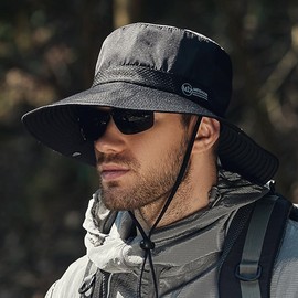 Outdoor Sun Hat with Wide Brim for Men - UPF 50+ UV Protection, Waterproof and Breathable Fishing Cap, Foldable Summer Hat for Outdoor Activities and Travel - Color: Black