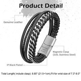 murtoo Mens Bracelet, Leather Bracelet for Men in Silver and Black Chain, Stainless Steel Bracelet with Detachable Clasp, Gift for Husband Boyfriend Father (Type2-Black Leather&Silver Chain, 8.66")