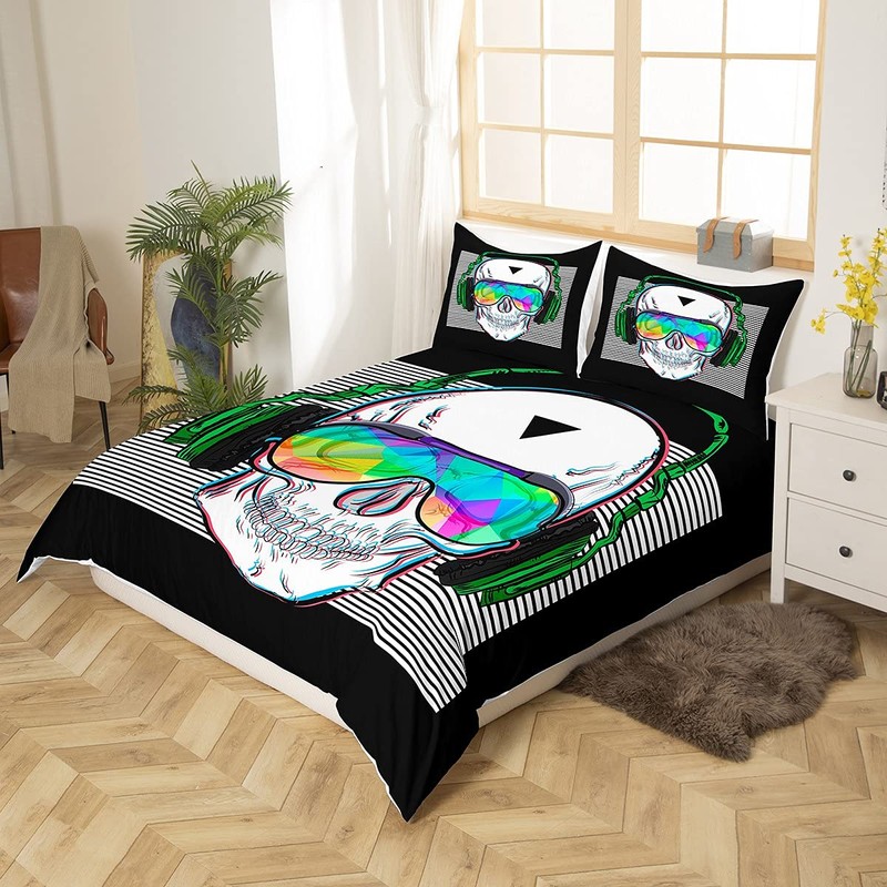 Music Skull Bedding Sets Single Size, White Stripes Duvet Cover,