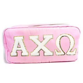 Alpha Chi Omega Nylon Makeup Travel Bag, Glitter Greek Letter Patch, Cosmetic Case - Pink - ΑXΩ