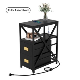 BECTSBEFF Fully Assembled Narrow Side Table with Charging Station, No Assembly Narrow Nightstand with USB Ports, Pre Assembled Skinny End Table with Outlets for Living Room, Bedroom-Black