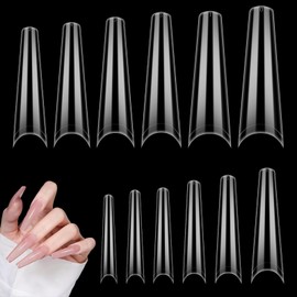 Pack of 504 Nail Tips, Extra Long Tips for Gel Nails, Transparent Trapezoidal Nail Tips, Acrylic Artificial Nails for DIY French Nail Designs, 11 Sizes