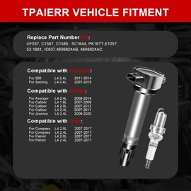 TPAIERR UF557 & 4503 Coils and Spark Plug 4 Pack Compatible with Dodge Journey 09-20 Caliber 07-12 Avenger 08-14 for Chrysler 200 Sebring for Jeep Compass Patriot 2.0L 2.4L C1587 C1588 5C1644