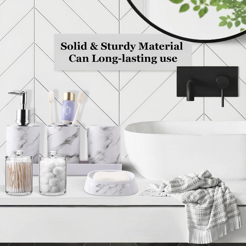 InnJoey Bathroom Accessories Set, 9-Piece Marble White Bathroom Set, White