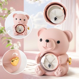 Ariceleo Champagne Rose and Bear with Preserved Rose - Hidden Jewellery Box & Heart Necklace Women: Valentine's Day, Mother's Day, Wedding, Anniversary - In Grey Gift Box