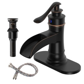 BWE Oil Rubbed Bronze Bathroom Sink Faucet 1 Hole, Single Handle Waterfall Bathroom Faucet with Pop Up Drain and Hoses, Lead-Free Vanity Faucet for Home or Commercial Use, Brass Construction