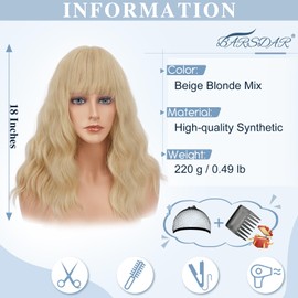 BARSDAR 46 cm Wavy Blonde Wig with Fringe, Medium Long Wavy Blonde Wig with Fringe for Women, Curly, Heat Resistant, Synthetic Shoulder Length Wig, Tay Lor Wigs - Beige Blonde Mix