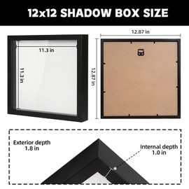 Muzilife 12x12 Shadow Box Picture Frame with Linen Board - Deep Wood & Glass Display Case Ready to Hang Memory Box Baby Sports Memorabilia, Pins, Awards, Medals, Wedding, Tickets and Photos (Black)