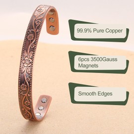 MagEnergy Copper Bracelets for Women,99.9% Pure Copper Vintage Flower Magnetic Bangle with 3500 Gauss Magnets,6.3'' Adjustable Cuff Jewelry Gift