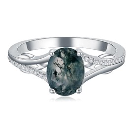 EKJQB Natural Moss Agate Rings For Women 925 Sterling Silver Engagement Wedding Ring For Bridal Dainty White Gold-Plated Promise Ring Jewelry Daily Wear Anniversary Birthday Gifts, Sterling Silver
