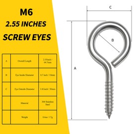 JING-HELPER M6 2.55 Inches 304 Stainless Steel Eye Hooks Screw, Eye Bolt Heavy Duty Screw Eye Pins, Load Bearing 90KG for Wood Securing Cables Wire Indoor & Outdoor Use (10)