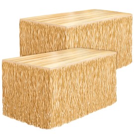 Fovths 2 Packs Luau Grass Table Skirt Fringe Dark Straw Grass Skirt 108 x 30 Inch Hibiscus Hawaiian Table Skirts Rectangle Tropical Luau Party Decorations for Hawaiian Decorations