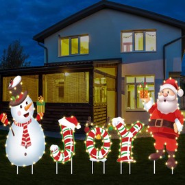 5 Pieces Outdoor Christmas Decoration Outdoor Joy Christmas Yard Sign Xmas Santa Snowman Lawn Decorations Stakes with 5 String of Lights for Holiday Outside Home Lawn Pathway Walkway Party Decor