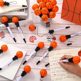 Lincia 24 Pcs Sport Funny Pen Hoop Ballpoint Pen Novelty Pen Bulk Plastic Sports Soccer Basketball Baseball Football Tennis Themed Pen for Birthday Party School Award Party Favor Supplies(Basketball)