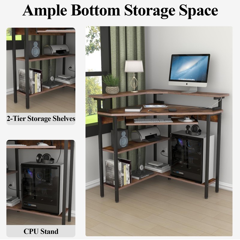 Triangle Corner Desk with Charging Station and LED Light for