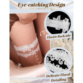 ohyeahlady Wedding Garters for Brides 2Pcs Floral Lace Bridal Garter Set Elastic Thigh Leg Ring for Bride to Be Cosplay Prom Dance Party Accessory One Size White