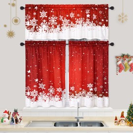 CAROMIO Christmas Kitchen Curtains, Red Velvet Curtains Set for Windows, Floral Snowflake Decoration Cafe Curtains, Thermal Insulated Room Darkening Short Curtain (26" W x 24" L, Set of 2