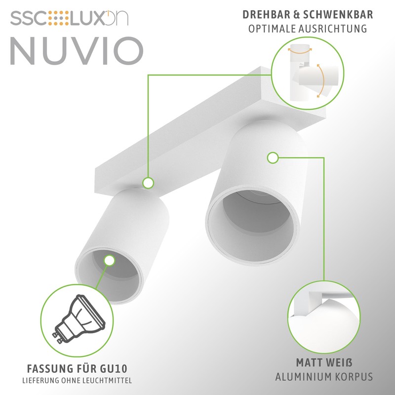 SSC-LUXon NUVIO Aufbaustrahler Deckenlampe Wandleuchte Spot 2-flammig downlight schwenkbar weiß