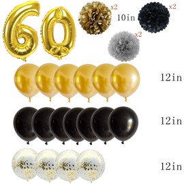 Feelairy Balloons 60th Birthday Black Gold Balloons Birthday Decoration 60 Years Man Woman Happy Birthday Banner, Giant Foil Balloons Number 60 Gold for Men Women Birthday Party