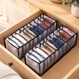 11-Grid Drawer Organizer for Underwear & Socks – 2 Pack Gray Fabric Closet Storage Dividers for Wardrobes, Dressers & Cabinets