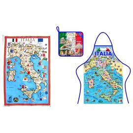 Set of 3 Tea Towel Apron Pot Holder Cotton Kitchen Italy Made in Italy Italian Products Gift Map, various, M