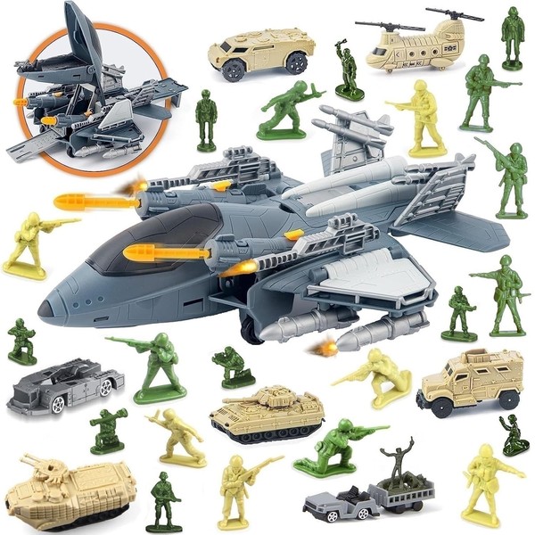 Military Transport Cargo Airplanes Car Toy Set with Military Tanks Helicopter Car Vehicles,Army Men Soldiers Figures Toys for Combat Toy Imaginative Play Gifts for 3 4 5 6 7 8 Years Old Boys Girls