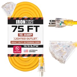 IRON FORGE CABLE 75 Foot Lighted Outdoor Extension Cord with 3 Electrical Power Outlets - 12/3 SJTW Heavy Duty Yellow Extension Cable with 3 Prong Grounded Plug for Safety, 15 AMP
