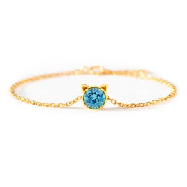 STORYJEWELLERY Sterling Silver Cat Bracelets for Women, 18K Gold Plated December Birthstone Bracelets for Women, Dainty Cute Charm Bracelet, Graduation and Birthday Gifts for Her