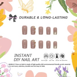 Fall Press on Nails Medium Square MABKJLF Fake Nails Light Brown Full Cover Gold Glitter False Nails with Designs Rhinestones Glossy Glue on Nails Manicure Artificial Nails for Women Girls 24Pcs