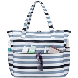 LEDAOU Large Beach Bag with Zip Women's Waterproof Shoulder Bag Tote Bag Shopper Sandproof with Zip Pool Fitness Travel Bag Family, Striped black, white and grey