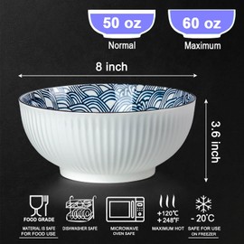 Hesen 60 oz Large Soup Bowl, Pho Bowls, Japanese Ramen Bowl Set, Big Porcelain Bowls Set of 3, 8 inches, Wave Pattern