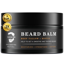 YEALIR Beef Tallow Beard Balm for Men - Smoothing, Moisturizing & Softening Coarse, Dry Beards, Biotin-Infused for Fuller, Healthier Look, Fragrance-Free, 3.38 oz