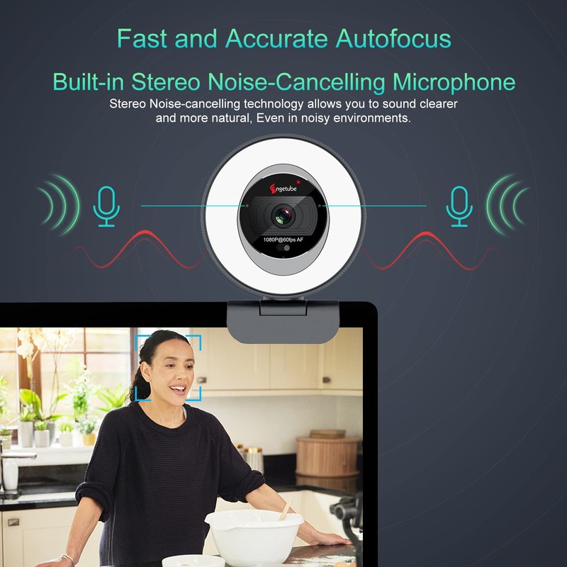 Angetube Webcam with Ring Light, 1080P 60FPS Camera for PC