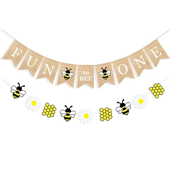 Uniwish Fun to Bee One Banner 1st Birthday Party Decorations for Boys Girls Bumble Bee Themed Birthday Happy Bee Day Decorations Supplies Photo Backdrop