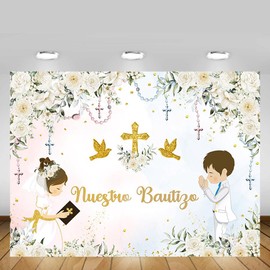 MEHOFOND Floral Nuestro Bautizo Baptism Backdrop for Boy and Girl Siblings First Holy Communion Banner God Bless Christening Party Photography Background Banner Sign Photo Booth Props 7x5ft