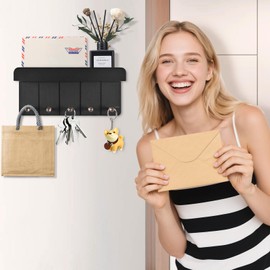 Kldgris Key Rack with Shelf, Wooden Key Holder, Decorative Wall Shelf with 5 Key Hooks, Wall Key Board for Entrance, Hallway, Kitchen, Bedroom (Black)