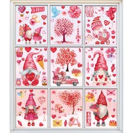 Whaline 9 Sheets Valentine's Day Window Clings Pink Love Gnomes Heart Tree Prints Window Decals Watercolor Double-Sided Window Decor for Valentines Day Home School Office Decoration Party Supplies
