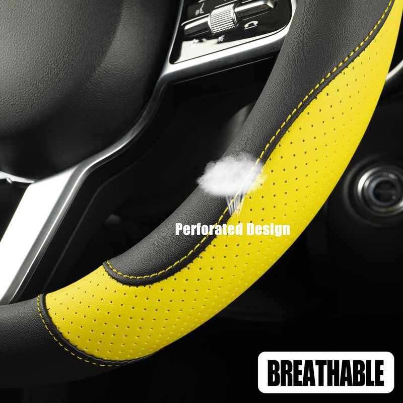 Binsheo Microfiber Leather D Shaped Steering Wheel Cover, Breathable, Anti
