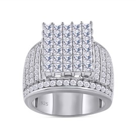 Rectangular Cluster Engagement Ring For Women, 3.10 Cttw Princess & Round Lab Created Moissanite Diamond Cathedral Style Statement Ring In 18K White Gold Over Sterling Silver-6.5