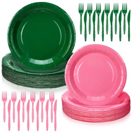 Yungyan 96 Pcs Pink and Green Birthday Party Decorations, Witch Disposable Tableware Set, Includes 7 Pink Plates, 9 Green Plates, Knives, Forks for Girls Party Supplies, Serves 24 Guest
