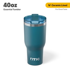 RTIC 40oz Essential Tumbler with Lid, Insulated, Stainless Steel, Metal, Double Wall Vacuum-Insulation, Ceramic Lined, Travel Cup for Iced Coffee, Tea, Hot and Cold Drink, Marine